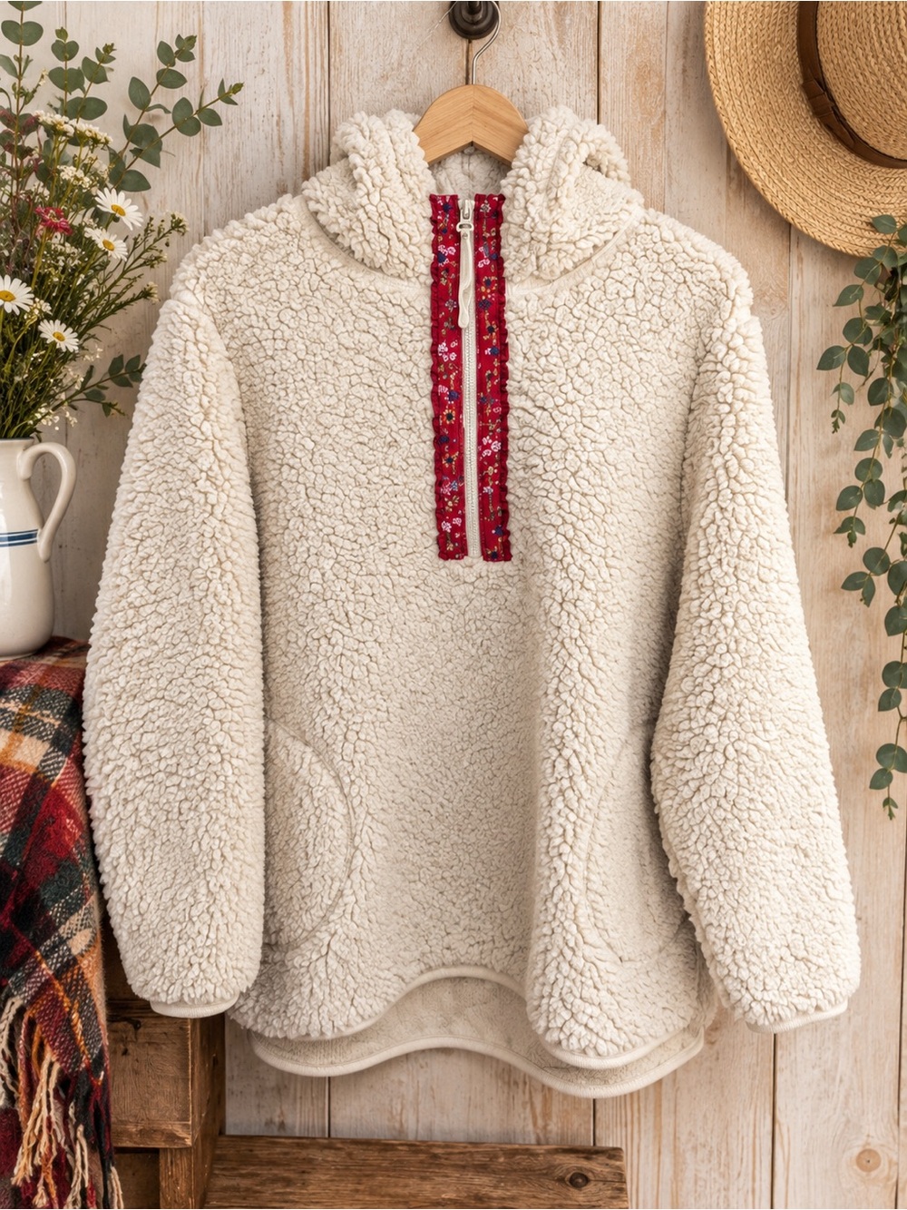 RXB Cream Boho Sherpa Hooded Pullover with Red Floral Trim 1X